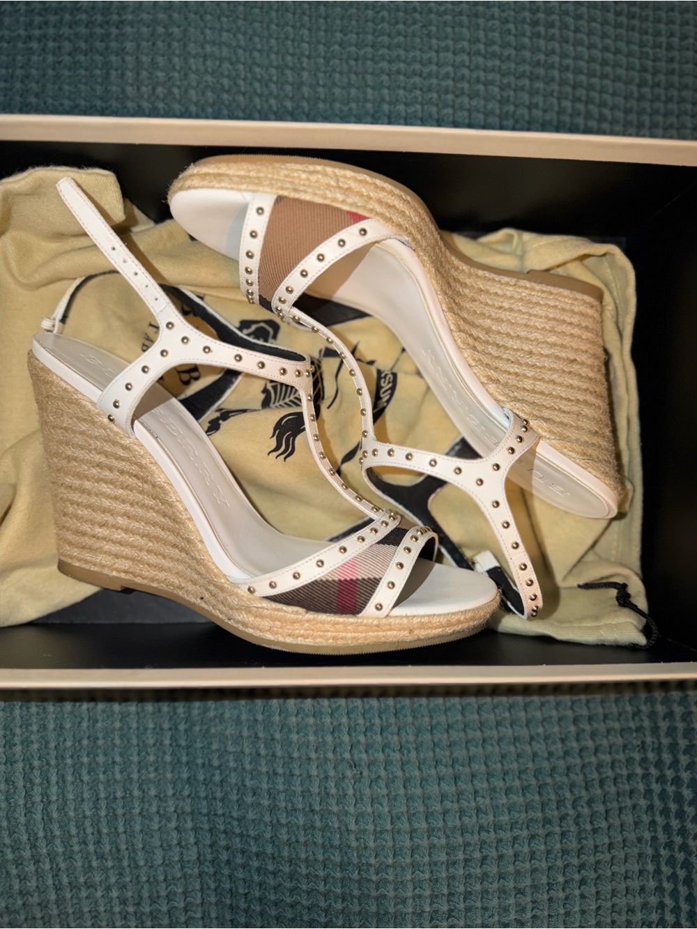 Burberry White Studded Espadrille Wedge Sandals with Signature Check